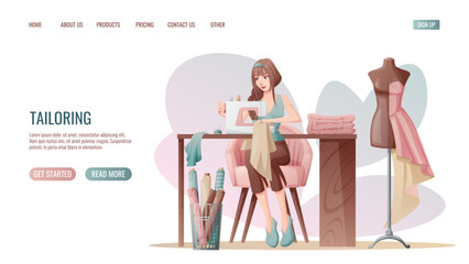 Sewing workshop landing page or web banner template. The dressmaker works on a sewing machine. Profession creative studio. Vector illustration