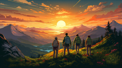 vector art of a family and friends hiking together in the mountains in the vacation trip week.