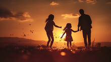 Dark Silhouette Image Of A Happy Family Playing . 