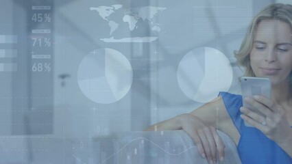 Wall Mural - animation of infographic interface over caucasian woman sitting and scrolling on smartphone