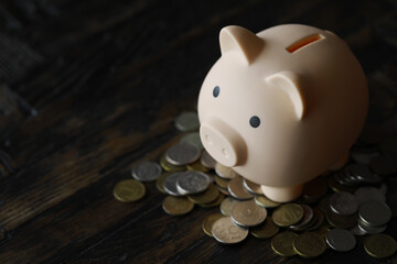 Sticker - piggy bank with coin on old wooden table