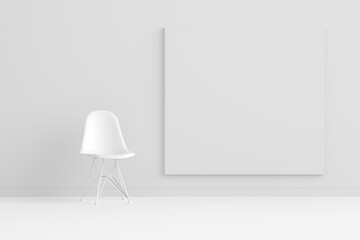 Wall Mural - Room interior with modern white chair and a big empty poster frame on the wall.