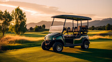 Golf Car Parked On A Golf Course With A Beautiful Scenery