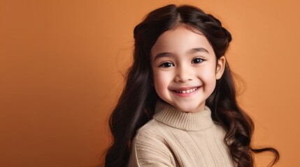 A cute, joyous little girl with brown hair, sporting neutral clothing, smiles warmly against a beige studio background. Generative AI