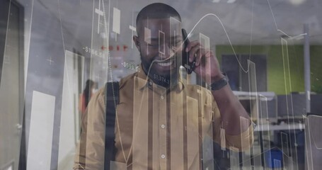 Poster - Animation of data processing against happy african american man talking on smartphone at office