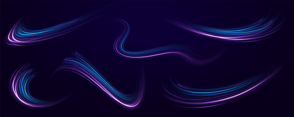 Wall Mural - Abstract light lines of movement and speed in neon color. Shine of cosmic rays. Light everyday glowing effect. Curve light effect of blue line. Vector illustration. 