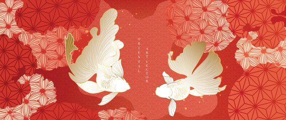 Wall Mural - Luxury oriental japanese pattern background vector. Elegant goldfish and flower golden line art on red background. Design illustration for decoration, wallpaper, poster, banner, card.