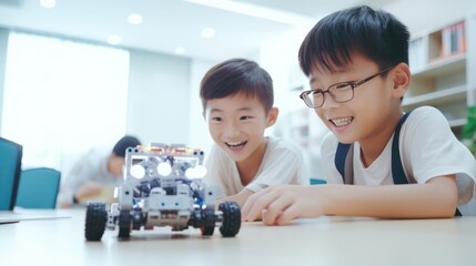 portrait two students learning coding mechanical small robot programming with blurred friend in classroom background