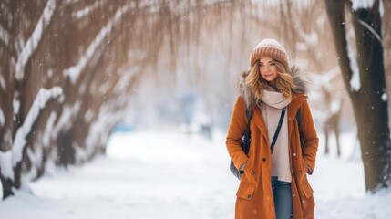 photo of young woman walking in a snowy winter park