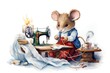 Watercolor illustration of a cute little mouse at the sewing machine.