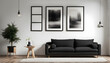 © anmitsu - Modern living room simple interior design with black fabric sofa and cushions and blank poster frame