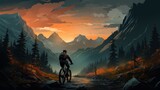 Fototapeta Natura - A woman riding a mountain bike rides a bicycle in a summer mountain forest landscape.
