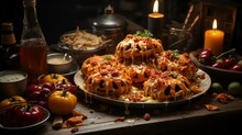 haunting flavors: a vegetarian feast for halloween night with mushroom cream, cheese delights, crisp salads, and sun-kissed tomatoes. Ai Generated