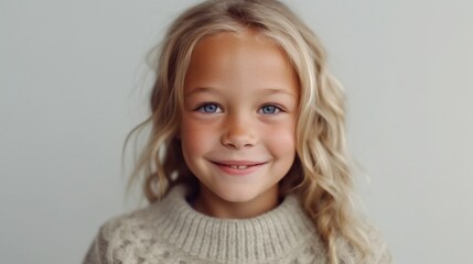 smiling little girl in a studio setting, wearing neutral clothes against a light beige background. g