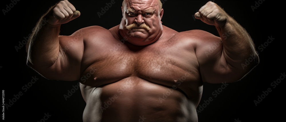 Studio shot portrait of plump mature adult man poses topless has fat