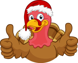 Wall Mural - Turkey Christmas or Thanksgiving Holiday cartoon character wearing a Santa Claus hat