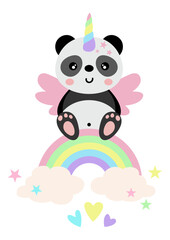 Wall Mural - Funny unicorn panda on magic rainbow