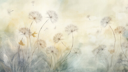 Wall Mural - Dandelions and watercolor illustration