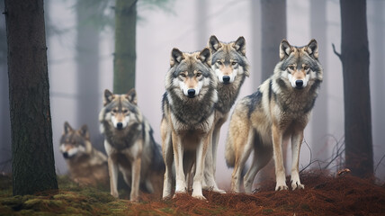  a pack of wolves in the autumn forest , frontal view of wildlife, predators hunting, fear of the attack of wild animals