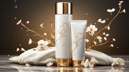 Wall Mural - 3d render, white cosmetic bottles with golden caps Premium design beauty products set. Clean style blank package mockup