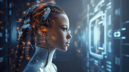 Praca w cyberprzestrzeni, interfejs komputerowy przyszłości, AI, ilustracja koncepcyjna - Working in cyberspace, computer interface of the future, AI, conceptual illustration - AI Generated