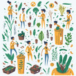 Sustainable lifestyle concept illustration. Collections of men and women characters recycling plastic garbage, eating vegetables and taking care of nature. Vector illustrations set.