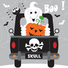 Canvas Print - halloween background with ghost and pumpkin on the car