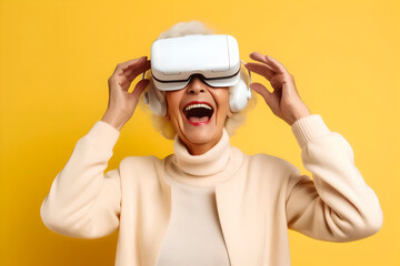 Poster - An old retired woman uses modern VR headset technologies and experiences strong emotions of delight and surprise