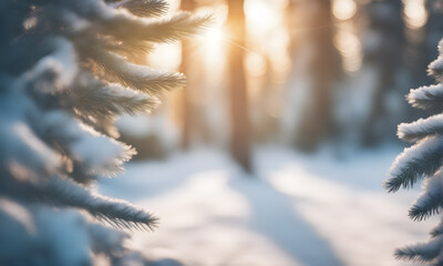 Aufkleber - Winter fir tree branch with snow and sunlight bokeh