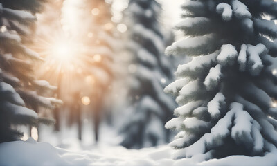 Aufkleber - Winter fir tree forest with snow and sunlight bokeh