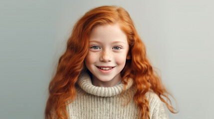 happy red-haired little girl in neutral clothes against a beige studio background. generative ai