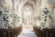 Wedding church interior with white flowers. 3D rendering.