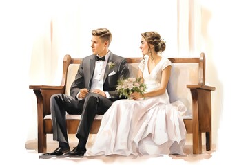 Wedding couple sitting on a wooden chair and looking at each other