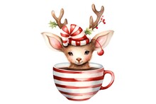 Watercolor Christmas Illustration With Cute Deer In A Cup Of Coffee.