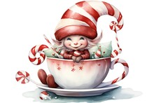 Cute Little Girl In A Cup With Candies. Watercolor Illustration.