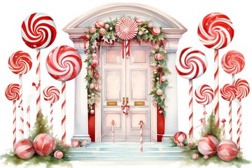 Wall Mural - Watercolor Christmas greeting card with entrance door, candies and lollipops