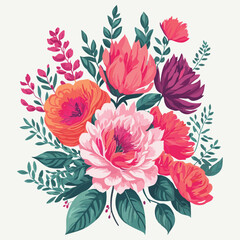  Vector watercolor floral bouquet illustration with bright pink vivid flowers green leaves decorative elements template flat cartoon illustration isolated on white background