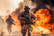 military special forces soldiers crosses destroyed warzone through fire and smoke in the desert