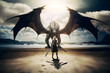 Huge dragon with huge wings stands opposite brave woman ready for battle. Fantasy medieval scene