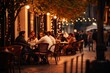 People have dinner in a street restaurant. Evening cafe with a warm garlands. AI generative