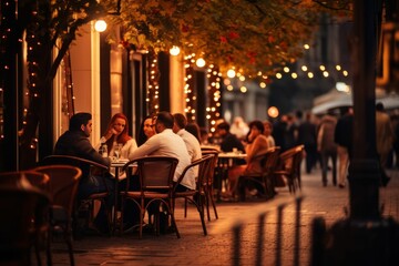 People have dinner in a street restaurant. Evening cafe with a warm garlands. AI generative