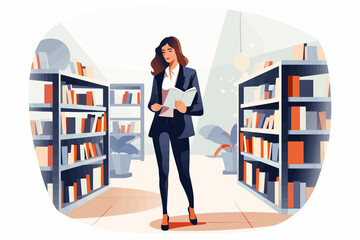Wall Mural - woman in business suit in bookstore vector flat isolated illustration