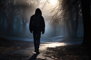 A depressed teenager walking towards the light