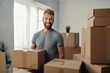 © artem - a man with moving boxes. The concept of moving alone