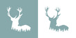 Paisaje navideño o de invierno. Silueta de ciervo o reno de pie con bosque de árboles tipo pino o abeto en espacio negativo