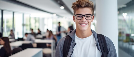 Wall Mural - Portrait of positive European male teenager student wearing backpack glasses holding books and tablet in class with white big glass window and blured students in class background