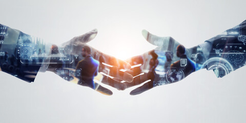 Aufkleber - Group of multinational people  shaking hands and digital technology concept. Wide angle visual for banners or advertisements.