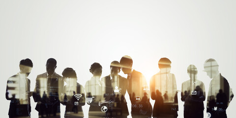 Poster - Group of multinational people and digital technology concept. Wide angle visual for banners or advertisements.