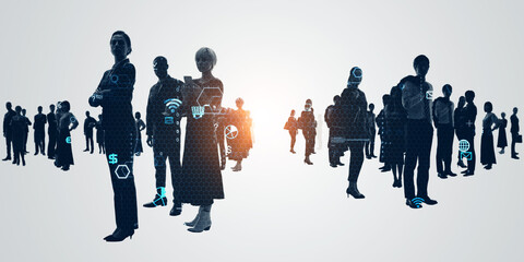 Poster - Group of multinational people and digital technology concept. Wide angle visual for banners or advertisements.
