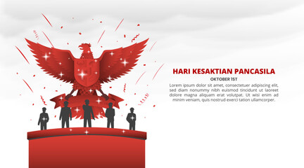 Hari Kesaktian Pancasila or Pancasila Sanctity Day with red garuda and heroes